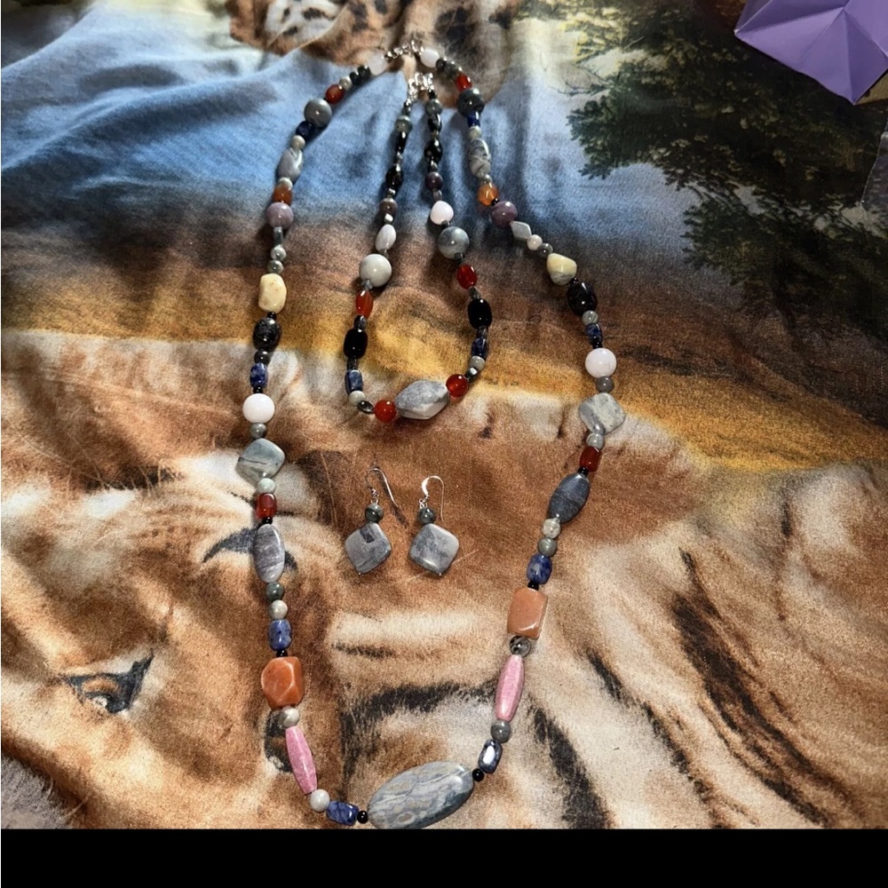 Multicolor Gemstone Flat Oval Beads Necklace Earrings Set 18'' 925